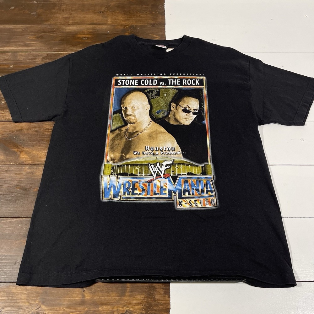Vintage Wrestlemania 17 Stone Cold Vs The Rock T-Shirt Size XL Black WWF WWE